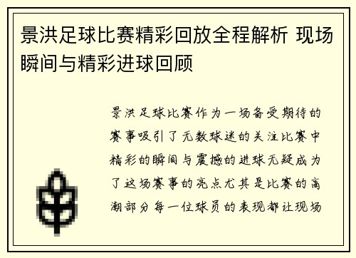 景洪足球比赛精彩回放全程解析 现场瞬间与精彩进球回顾